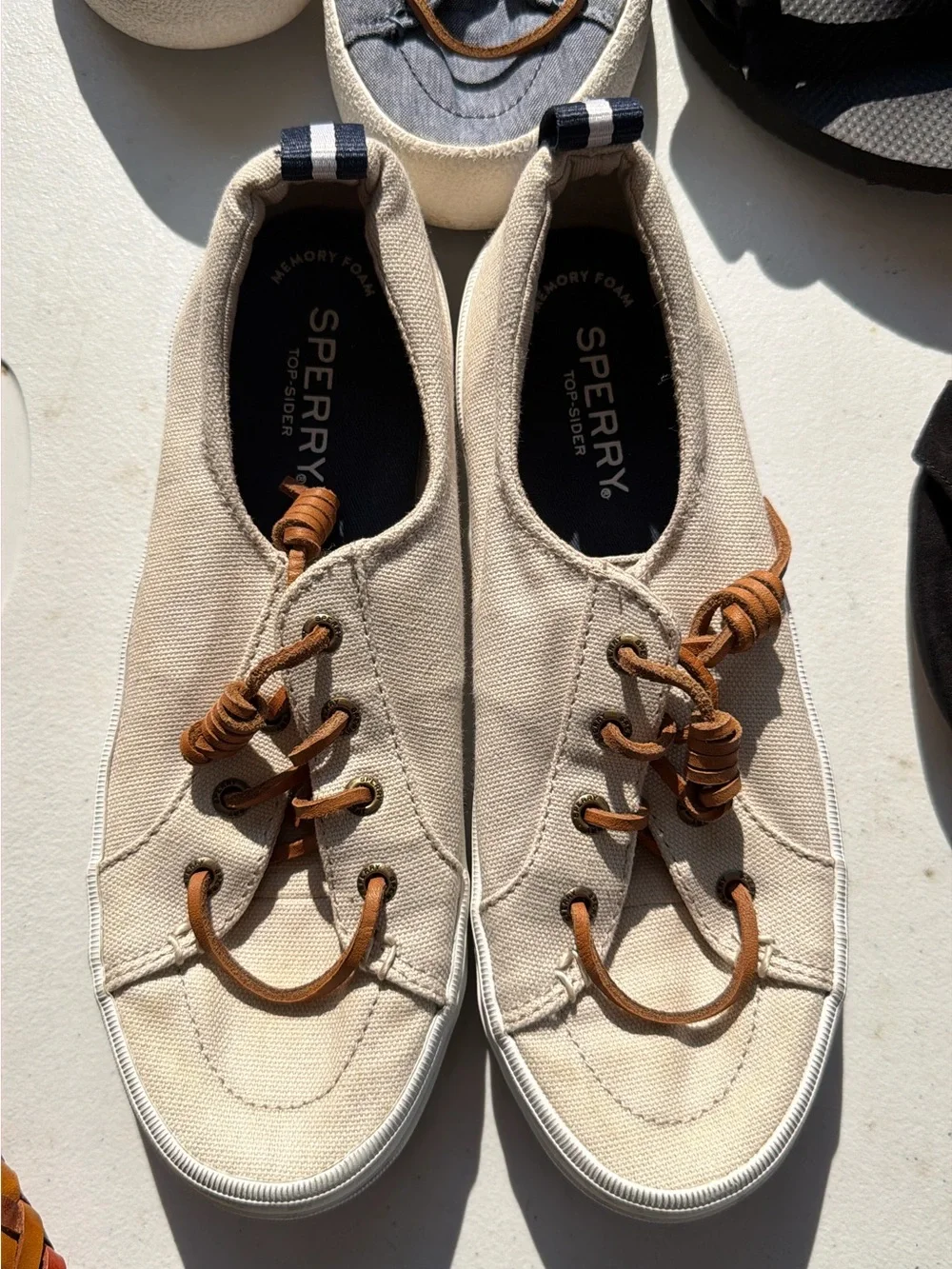 Sperry Men’s Canvas Boat Shoes in Beige with Brown Laces